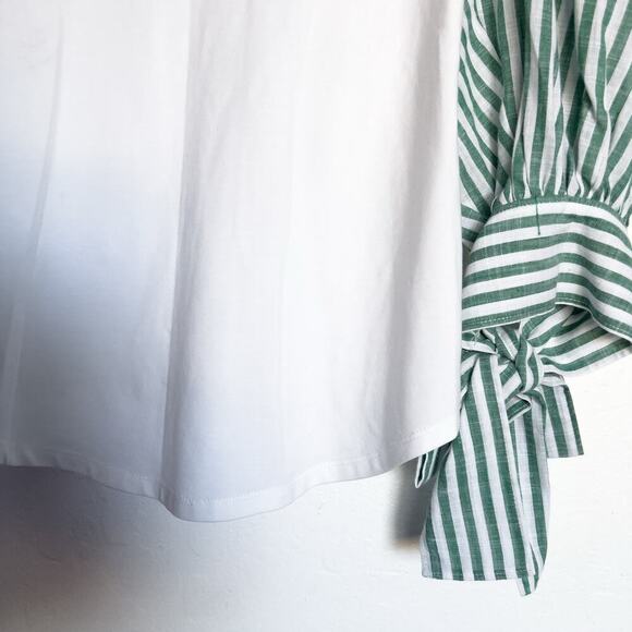 Cinq A Sept Shirt XS White Green Puff Sleeve Tie Stripe Charlie Crewneck Tee Top - Picture 4 of 8